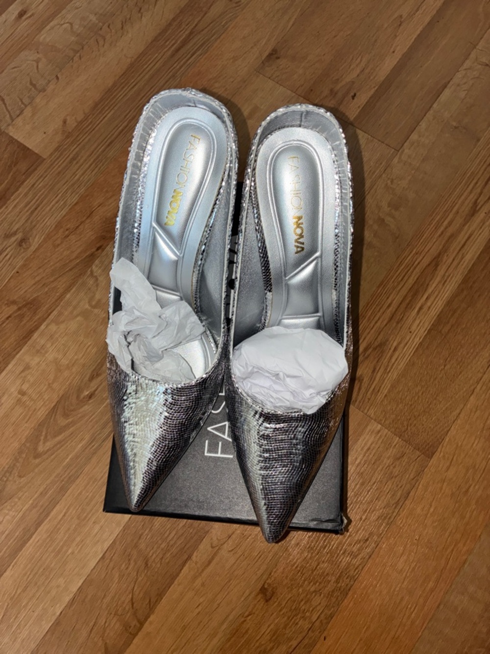 Fashion Nova Metallic Silver Pointed Slip-On Mules